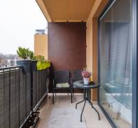 Erkély egy egyszobás lakásban a Béžová utcában, Pozsony-Petržalkán, növényekkel és bútorokkal.