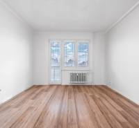 Svetlá izba s podlahou s dreveným dekorom v 1-izbovom byte.