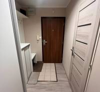 Előszoba fa dekor padlóval, fogasokkal és ajtókkal egy háromszobás lakásban.