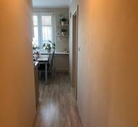 Keskeny folyosó vezet a háromszobás lakásban a világos étkezőbe, ahol növények és dekorációk vannak.