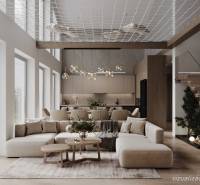 Elegáns nappali a fahatású padlóval rendelkező házikóban, modern bútorokkal.