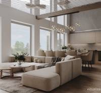 Tágas nappali kanapéval és nagy ablakokkal a faházban, fa dekorációs padlóval.