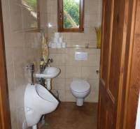 Kis fürdőszoba WC-vel, piszoárral és mosdóval, háromszobás lakásban.