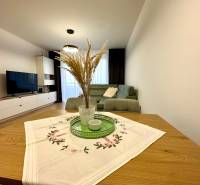 Nappali egy kétszobás lakásban; kanapé, televízió, asztal dekorációval, fa dekoros padló.