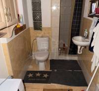 Fürdőszoba családi házban WC-vel, zuhanyzóval és mosógéppel.