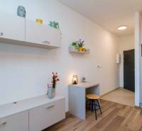 1 szobás lakás belső tere világos bútorokkal és fa dekorációjú padlóval.