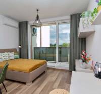 1 szobás lakás fa hatású padlóval, modern világítással és teraszra néző kilátással.