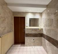 Fürdőszoba családi házban csempével, tükörrel és radiátorral.