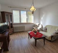 Nappali egy kétszobás lakásban, fa dekoros padlóval, kényelmes bútorokkal és dekoratív asztalkával.