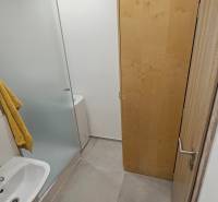 Fürdőszoba a garzonlakásban mosdókagylóval, zuhanyzóval és szekrénnyel, világos csempén.