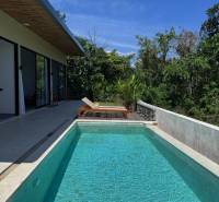 Családi ház Amedében medencével és napozóágyakkal ellátott terasszal, zölddel körülvéve.