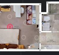 Garzonlakás alaprajza szőnyegekkel és méretekkel, beleértve a fürdőszobát és a konyhasarkot.