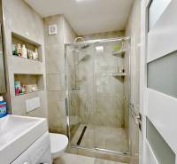 Kompakt fürdőszoba garzonlakásban mosdóval, zuhanyzóval és WC-vel.