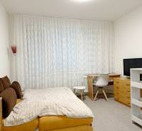 Garzonlakás ággyal, íróasztallal, televízióval és függönyökkel az ablakon.