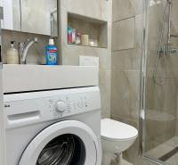 Fürdőszoba a garzonlakásban mosógéppel, zuhanyzóval, WC-vel és tároló rekeszekkel felszerelve.