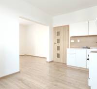 Konyha egy 2 szobás lakásban, fa dekorációjú konyhapulttal és padlóval.