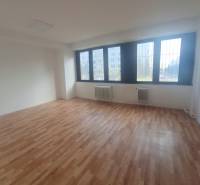 Iroda belső tér fa dekor padlóval és nagy ablakokkal.