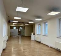 Irodák fa dekor padlóval, függesztett lámpákkal és üvegajtókkal.