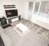 Nappali kinyitható kanapéval, nagy TV-vel és fa mintázatú padlóval.