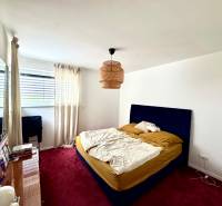 Hálószoba egy családi házban piros szőnyeggel, kék ággyal és nagy ablakkal.