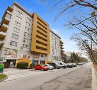 Egy lakóház a pozsonyi Antolská utcában - Petržalkán, fákkal és parkoló autókkal körülvéve.