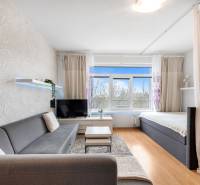 Nappali kanapéval, függönnyel és televízióval, fa dekorációjú padlóval.