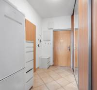 Az egyszobás lakás előszobája csempével, fogassal és ruhásszekrénnyel.