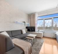 Egyszobás lakás nappalija kanapéval, TV-vel, világos falakkal és fa dekorú padlóval.