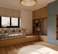 Gyerekszoba egy háromszobás lakásban, fa dekorációjú padlóval és tárolóhellyel.