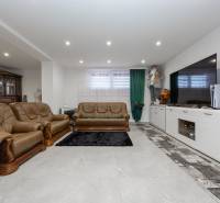 Nappali egy családi házban bőr kanapékkal és nagy televízióval.