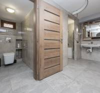 Fürdőszoba családi házban kerámia burkolatokkal, WC-vel és mosdóval.