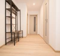 Lakás előszoba polcokkal és fa dekor padlóval, 3 szobás lakás.