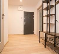 3 szobás lakás előszobája fa mintázatú padlóval és fém bútorokkal.