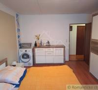 Hálószoba családi házban mosógéppel, szekrénnyel és fa padlóburkolattal.
