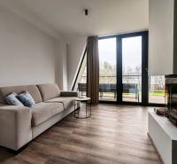 Nappali a faháznál kandallóval, kanapéval és fa dekorációjú padlóval.