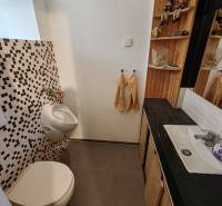 Családi ház fürdőszobája mosdóval, tükörrel és mozaik csempékkel.