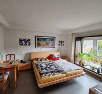 Hálószoba családi házban asztallal és nagy ablakkal, növények a párkányon.