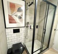 Fürdőszoba egy háromszobás lakásban üveg zuhanykabinnal és fekete WC-vel.