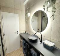 Fürdőszoba ívelt tükörrel, függő virágokkal és fa mintázatú padlóval.