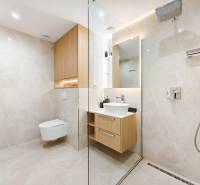 Fürdőszoba egy kétszobás lakásban, walk-in zuhanyzóval, fehér mosdóval és fa szekrényekkel.