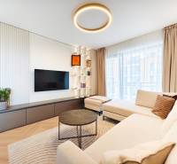 Nappali egy kétszobás lakásban kanapéval, televízióval és fa dekorációjú padlóval.