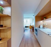 Konyha egy egyszobás lakásban polcokkal és fa dekorációjú padlóval.