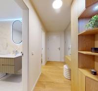 Fürdőszoba mosógéppel és mosdóval, bejárati folyosó fa dekorációval egy egyszobás lakásban.