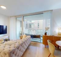 Nappali egy egyszobás lakásban, fa dekor padlóval és erkéllyel.