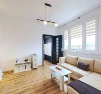 Nappali egy háromszobás lakásban, fa mintázatú padlóval és kényelmes szürke kanapéval.