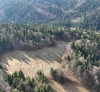 Légi felvétel a Lazy pod Makytou mezőgazdasági és erdőterületeiről, amelyeket sűrű erdő vesz körül.