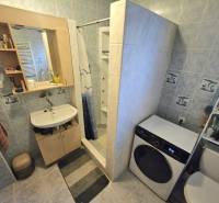 Fürdőszoba családi házban mosdóval, zuhanyzóval, mosógéppel és WC-vel.