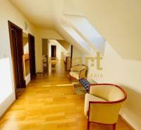 Folyosó fa dekorációjú padlóval, tetőablakokkal és kényelmes fotelekkel egy családi házban.