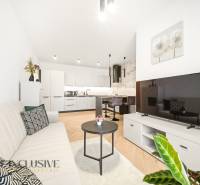 Nappali konyhával egy 4 szobás lakásban, fa hatású padlóval.