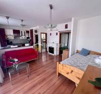 Nappali piros kanapéval, üvegasztallal és konyhával egy egyszobás lakásban.